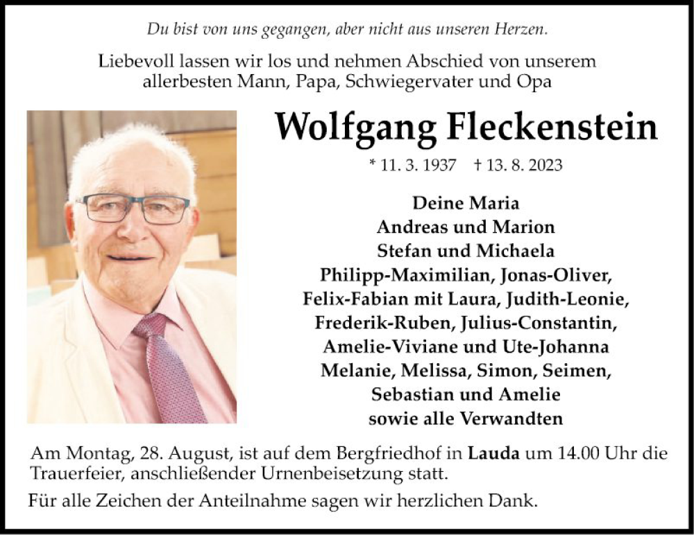  Traueranzeige für Wolfgang Fleckenstein vom 22.08.2023 aus Fränkische Nachrichten