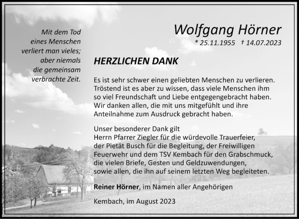  Traueranzeige für Wolfgang Hörner vom 05.08.2023 aus Fränkische Nachrichten