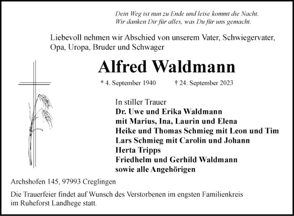  Traueranzeige für Alfred Waldmann vom 28.09.2023 aus Fränkische Nachrichten