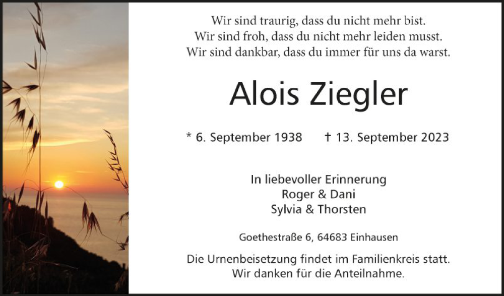  Traueranzeige für Alois Ziegler vom 23.09.2023 aus Bergsträßer Anzeiger