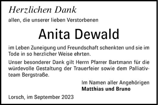 Traueranzeige von Anita Dewald von Bergsträßer Anzeiger