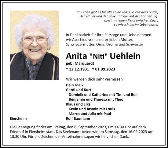 Traueranzeige von Anita  Uehlein von Fränkische Nachrichten
