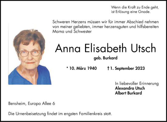 Traueranzeige von Anna Elisabeth Utsch von Bergsträßer Anzeiger