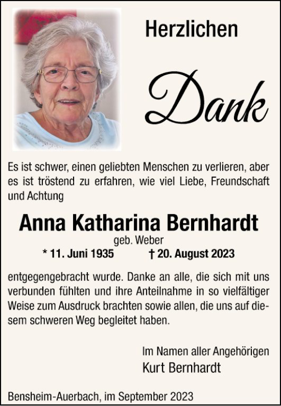 Traueranzeige von Anna Katharina Bernhardt von Bergsträßer Anzeiger