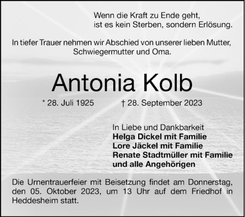  Traueranzeige für Antonia Kolb vom 30.09.2023 aus Mannheimer Morgen