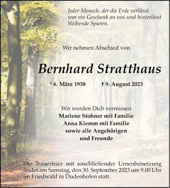 Traueranzeige von Bernhard Stratthaus von Schwetzinger Zeitung