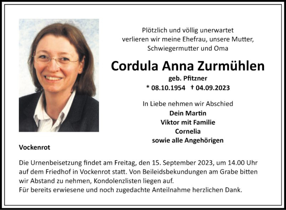  Traueranzeige für Cordula Zurmühlen vom 13.09.2023 aus Fränkische Nachrichten