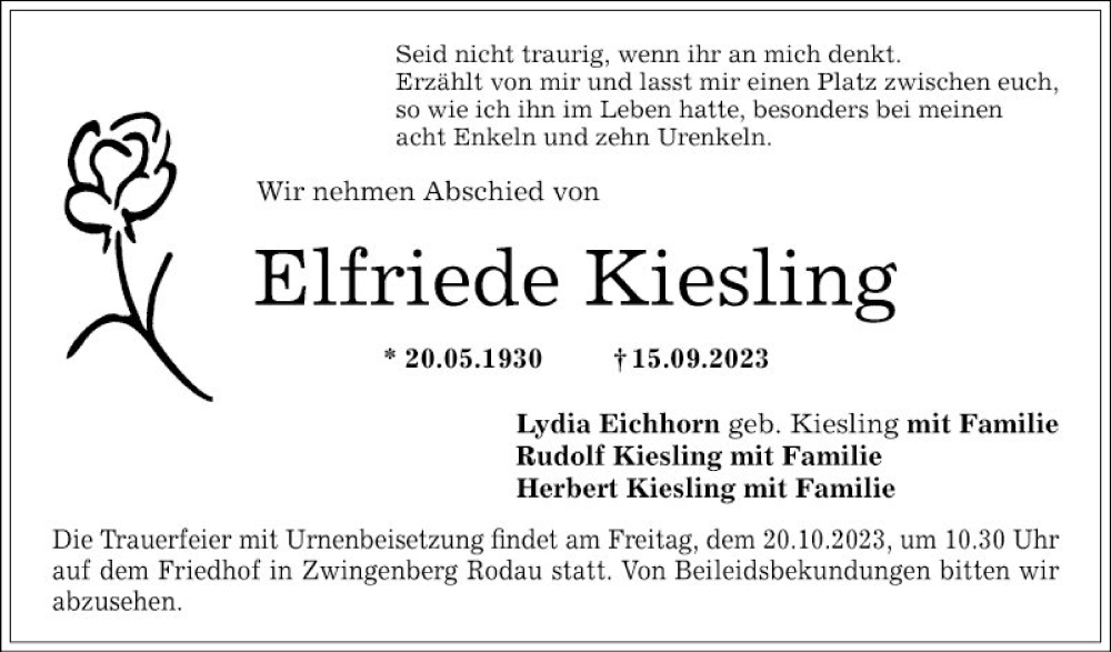  Traueranzeige für Elfriede Kiesling vom 23.09.2023 aus Bergsträßer Anzeiger