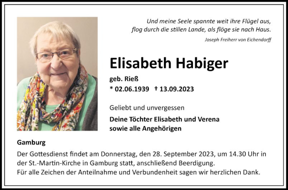  Traueranzeige für Elisabeth Habiger vom 23.09.2023 aus Fränkische Nachrichten