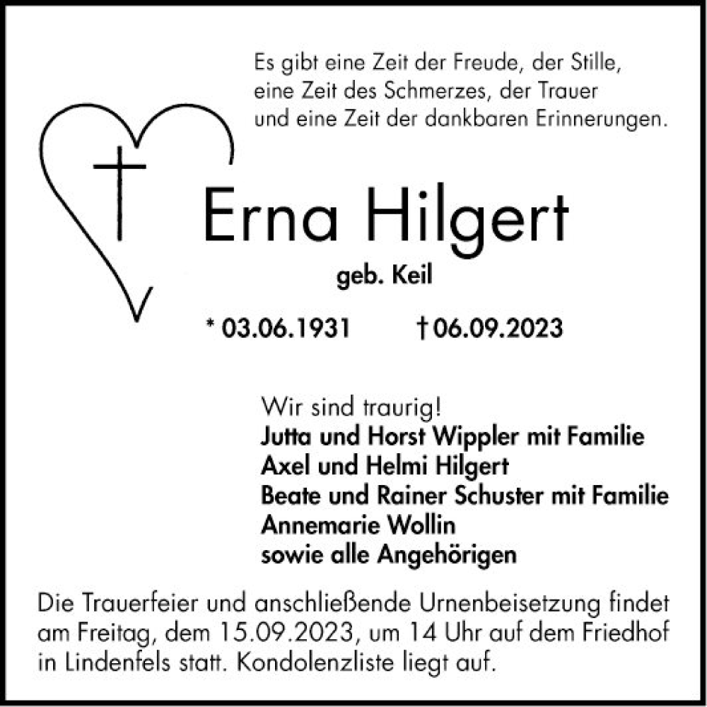  Traueranzeige für Erna Hilgert vom 09.09.2023 aus Bergsträßer Anzeiger