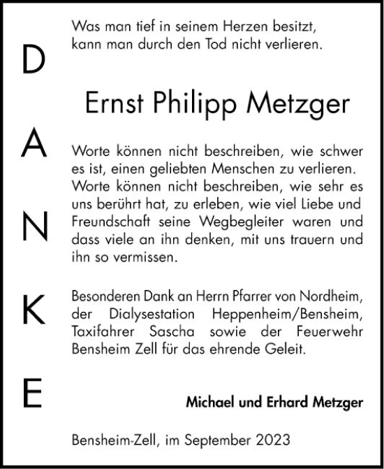 Traueranzeige von Ernst Philipp Metzger von Bergsträßer Anzeiger