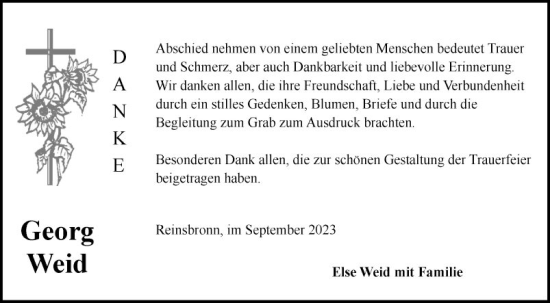 Traueranzeige von Georg Weid von Fränkische Nachrichten