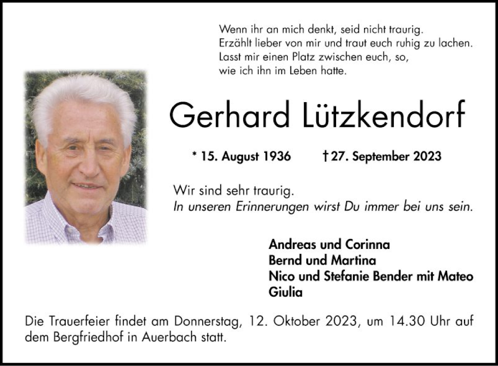  Traueranzeige für Gerhard Lützkendorf vom 30.09.2023 aus Bergsträßer Anzeiger