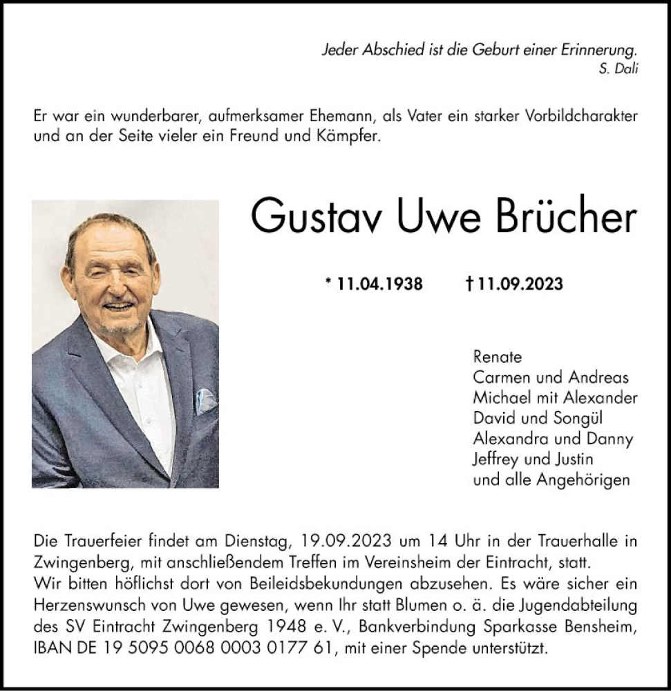  Traueranzeige für Gustav Uwe Brüder vom 16.09.2023 aus Bergsträßer Anzeiger