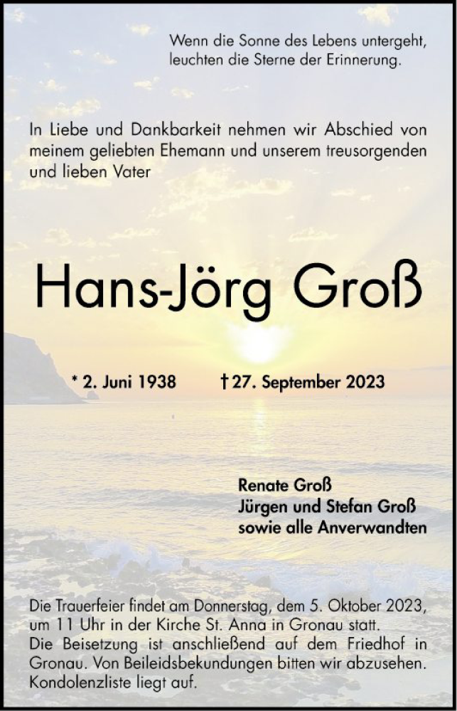  Traueranzeige für Hans-Jörg Groß vom 30.09.2023 aus Bergsträßer Anzeiger