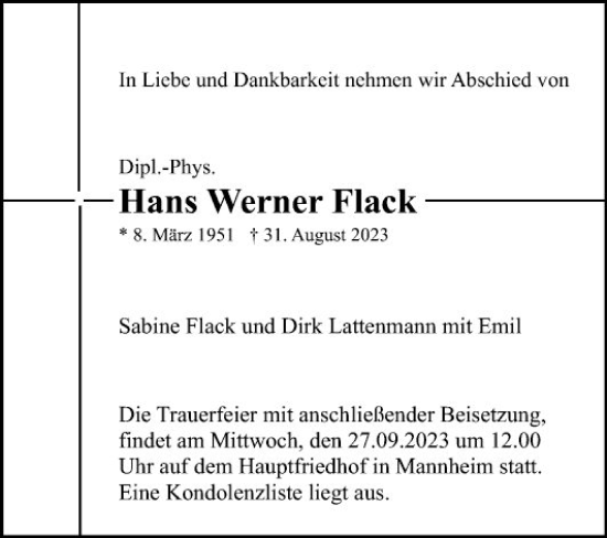 Traueranzeige von Hans Werner Flack von Mannheimer Morgen