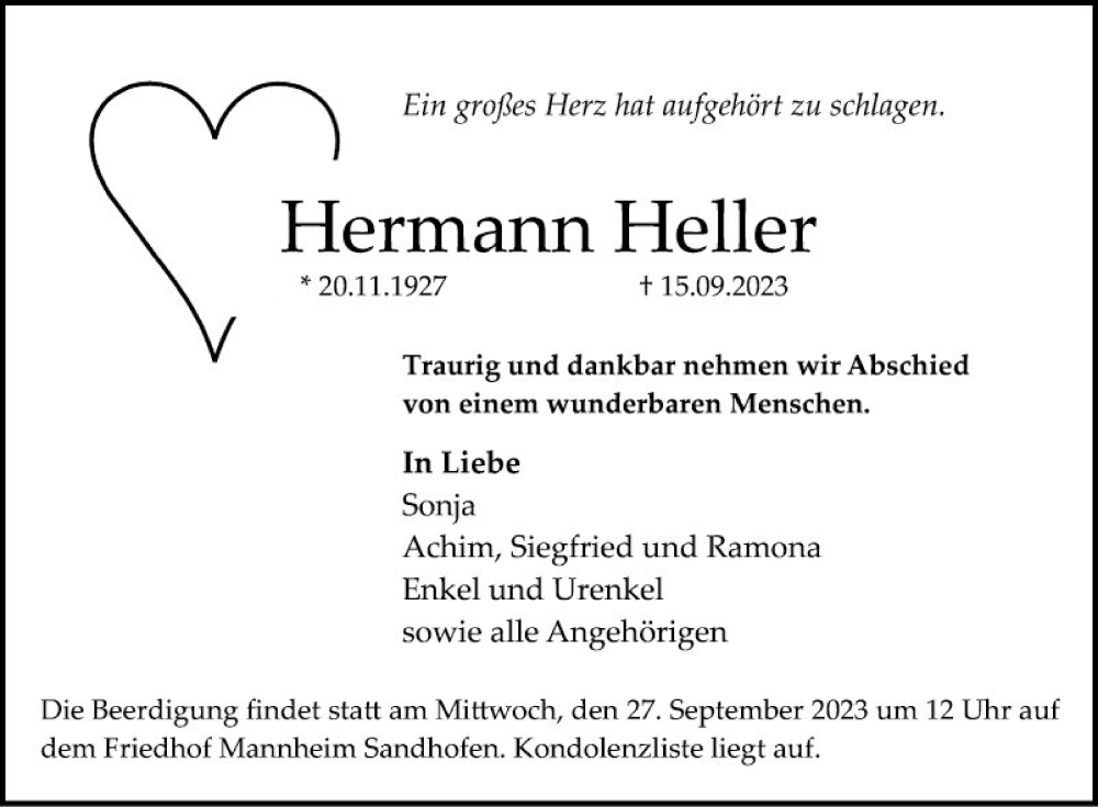  Traueranzeige für Hermann Heller vom 23.09.2023 aus Mannheimer Morgen