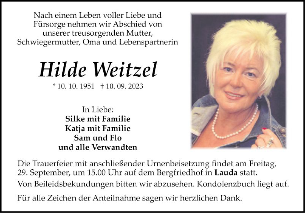  Traueranzeige für Hilde Weitzel vom 23.09.2023 aus Fränkische Nachrichten