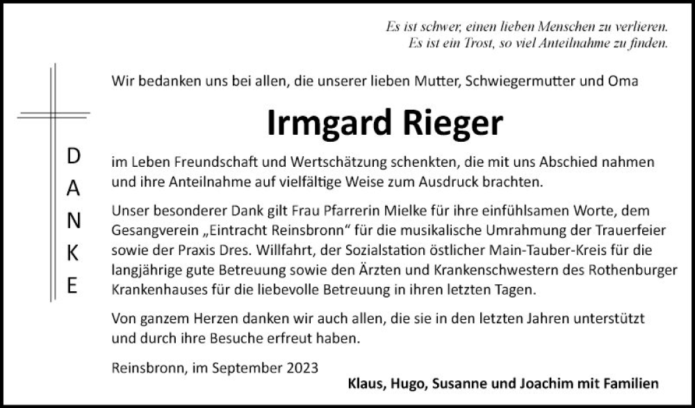  Traueranzeige für Irmgard Rieger vom 16.09.2023 aus Fränkische Nachrichten