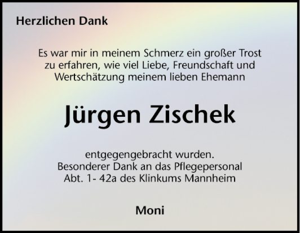  Traueranzeige für Jürgen Zischek vom 30.09.2023 aus Mannheimer Morgen