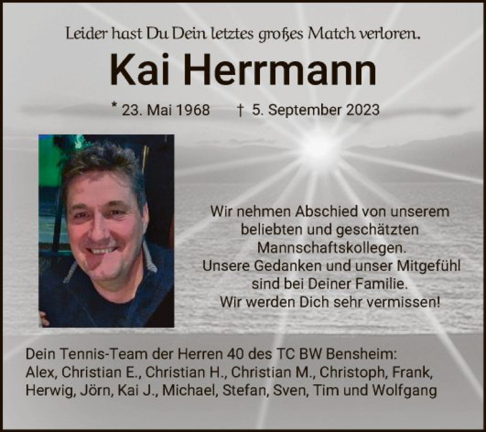  Traueranzeige für Kai Herrmann vom 09.09.2023 aus Bergsträßer Anzeiger