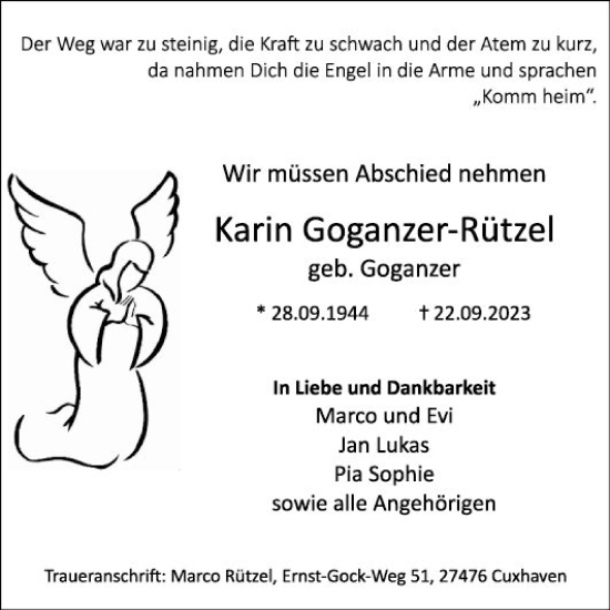 Traueranzeige von Karin Goganzer-Rützel von Mannheimer Morgen