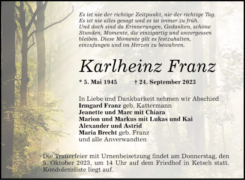  Traueranzeige für Karlheinz Franz vom 30.09.2023 aus Mannheimer Morgen