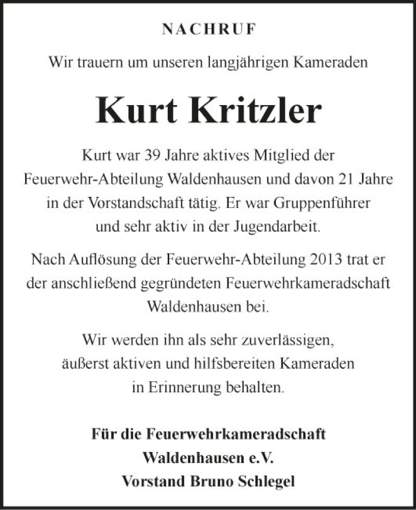  Traueranzeige für Kurt Kritzler vom 16.09.2023 aus Fränkische Nachrichten