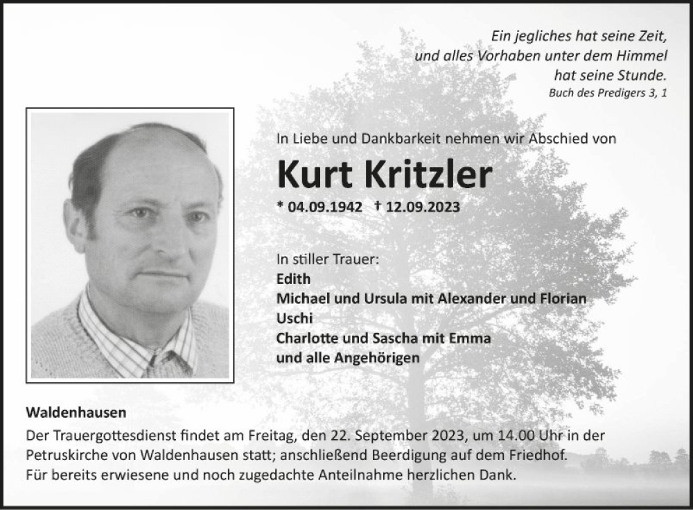  Traueranzeige für Kurt Kritzler vom 16.09.2023 aus Fränkische Nachrichten