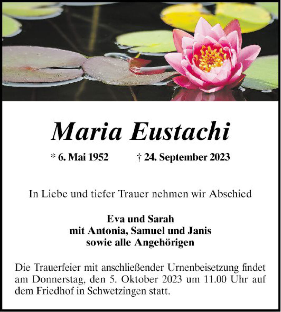  Traueranzeige für Maria Eustachi vom 30.09.2023 aus Schwetzinger Zeitung