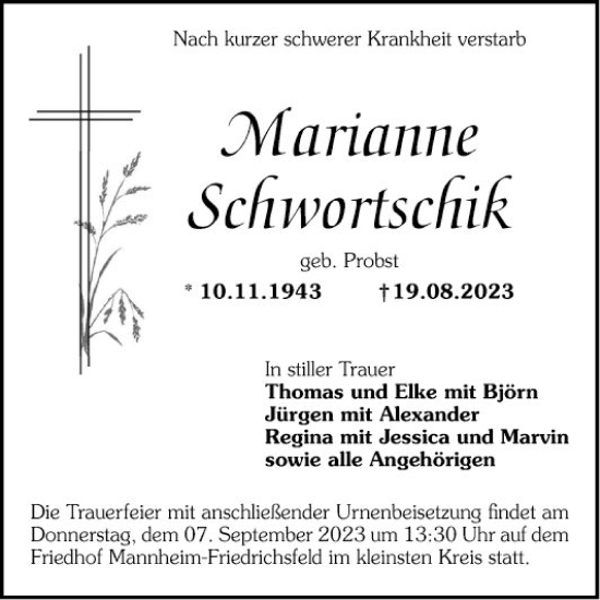 Traueranzeige von Marianne Schwortschik von Mannheimer Morgen