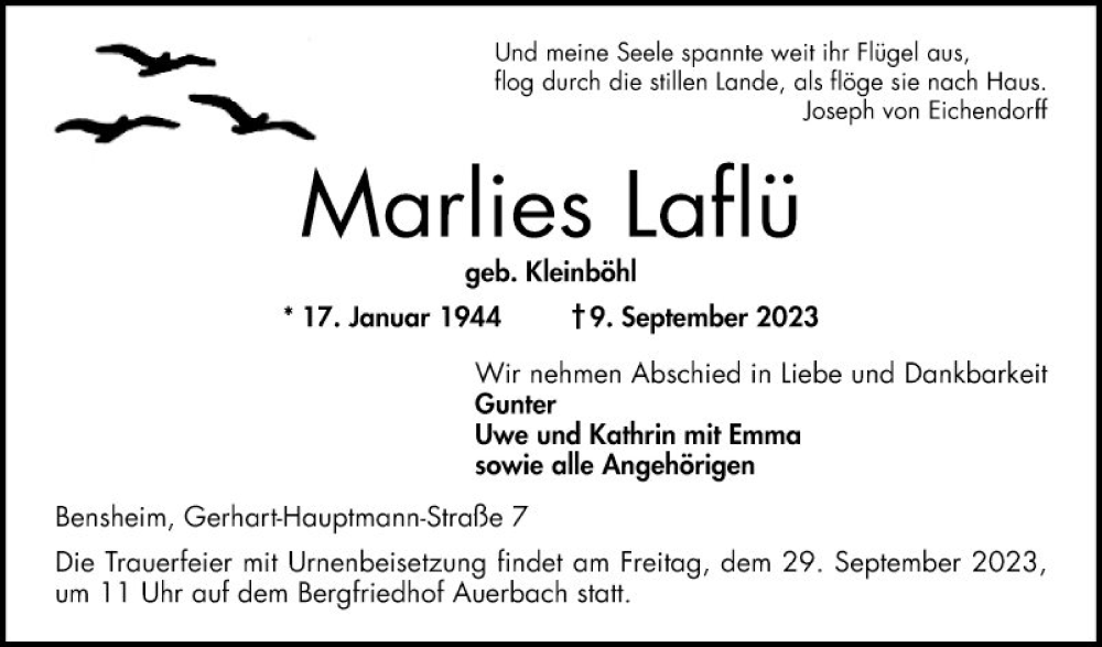  Traueranzeige für Marlies Laflü vom 23.09.2023 aus Bergsträßer Anzeiger