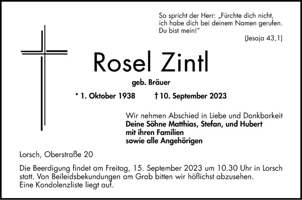 Traueranzeige für Rose Zintl vom 13.09.2023 aus Bergsträßer Anzeiger