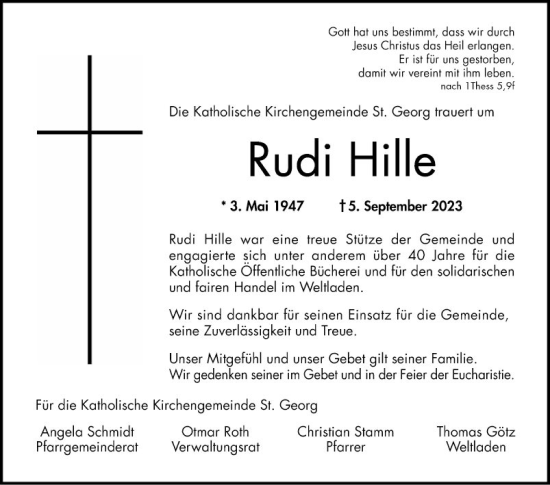 Traueranzeige von Rudi Hille von Bergsträßer Anzeiger
