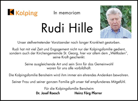 Traueranzeige von Rudi Hille von Bergsträßer Anzeiger