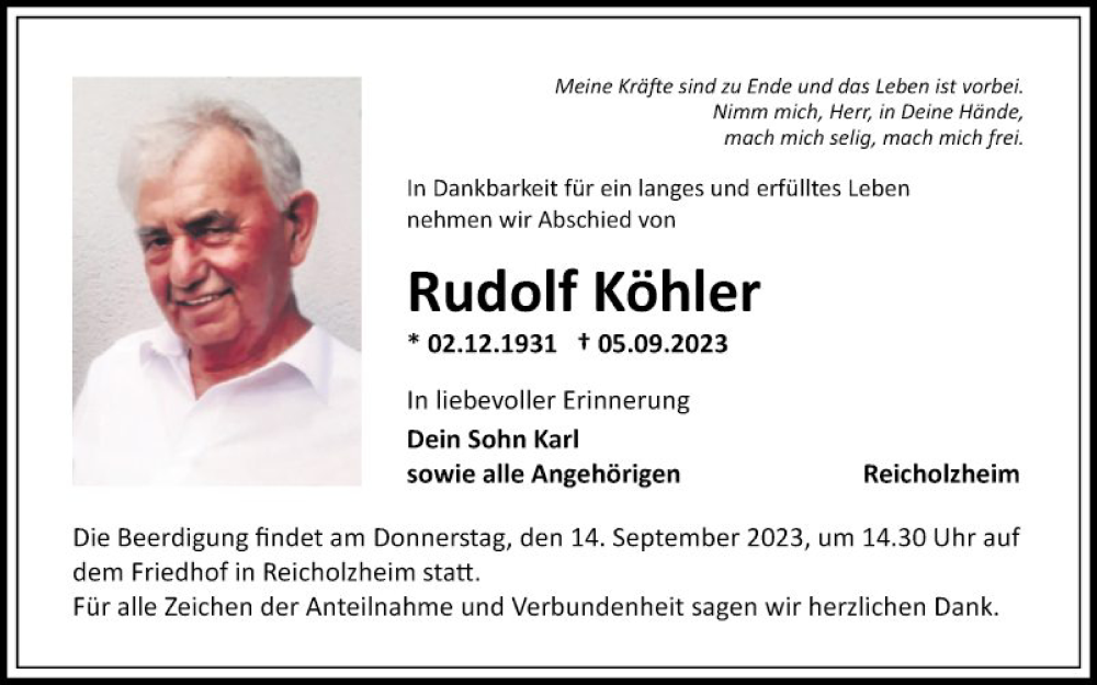  Traueranzeige für Rudolf Köhler vom 11.09.2023 aus Fränkische Nachrichten