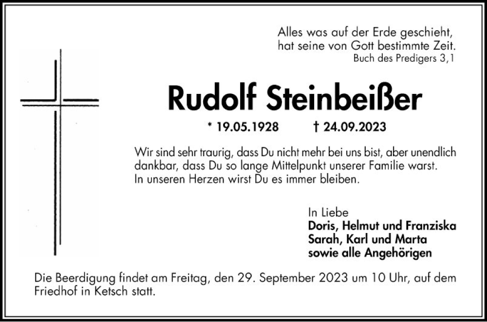  Traueranzeige für Rudolf Steinbeißer vom 27.09.2023 aus Schwetzinger Zeitung
