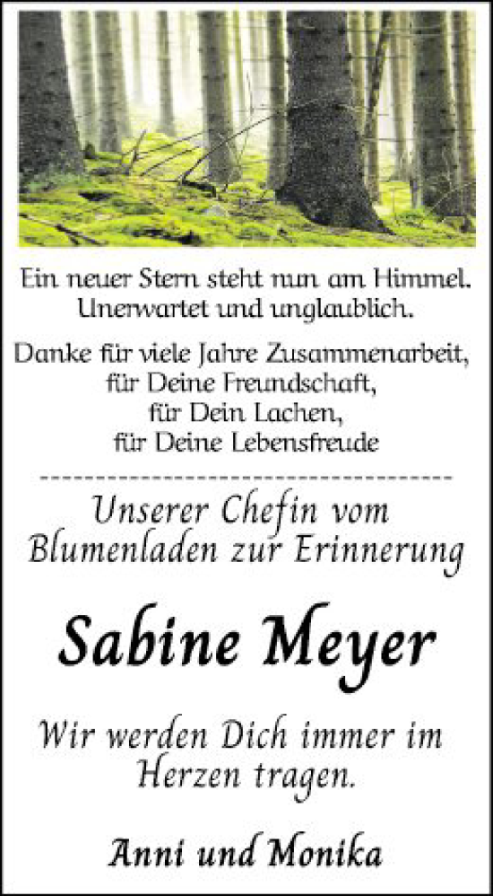 Traueranzeige von Sabine Meyer von Bergsträßer Anzeiger