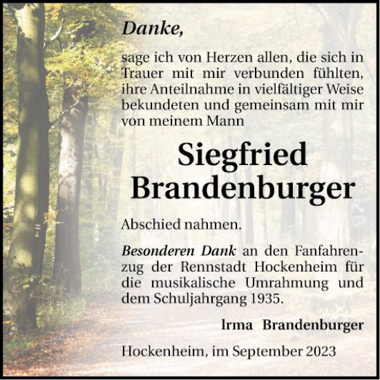 Traueranzeige von Siegfried Brandenburger von Schwetzinger Zeitung