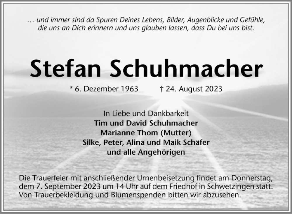  Traueranzeige für Stefan Schuhmacher vom 02.09.2023 aus Schwetzinger Zeitung