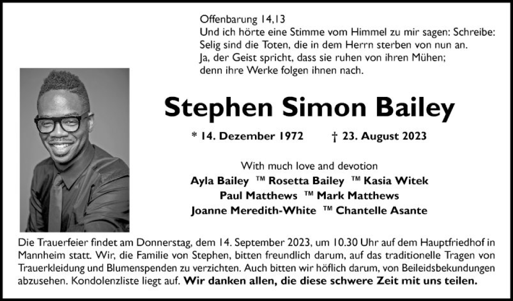  Traueranzeige für Stephen Simon Bailey vom 09.09.2023 aus Mannheimer Morgen