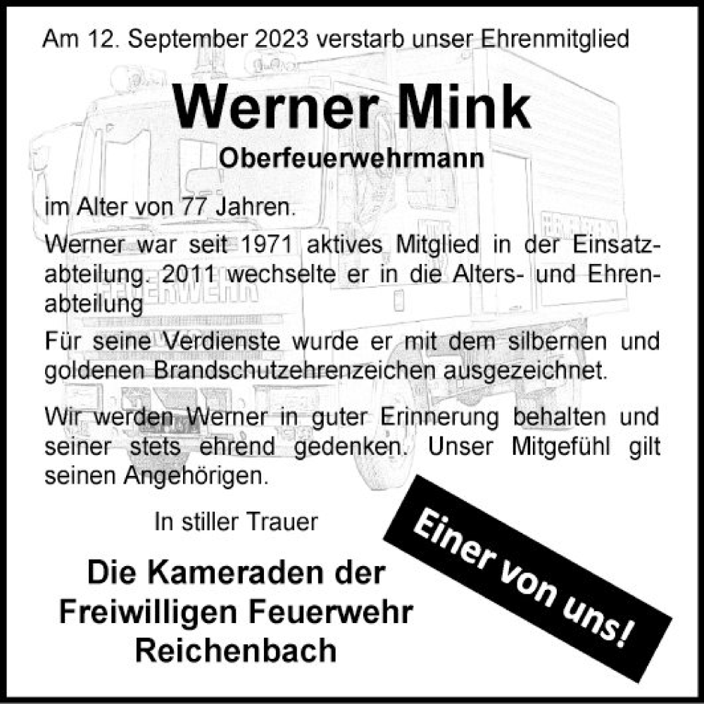  Traueranzeige für Werner Mink vom 23.09.2023 aus Bergsträßer Anzeiger