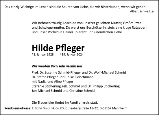 Traueranzeige von Hilde Pfleger von Mannheimer Morgen