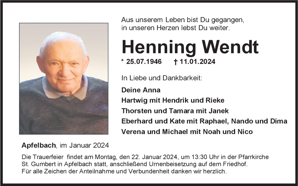  Traueranzeige für Henning Wendt vom 18.01.2024 aus 