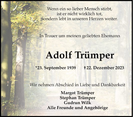 Traueranzeige von Adolf Trümper von Schwetzinger Zeitung