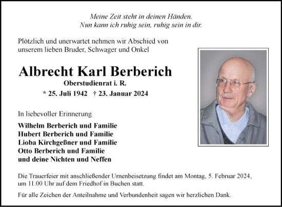 Traueranzeige von Albrecht Karl Berberich von Fränkische Nachrichten