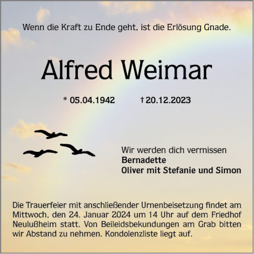  Traueranzeige für Alfred Weimar vom 19.01.2024 aus Schwetzinger Zeitung
