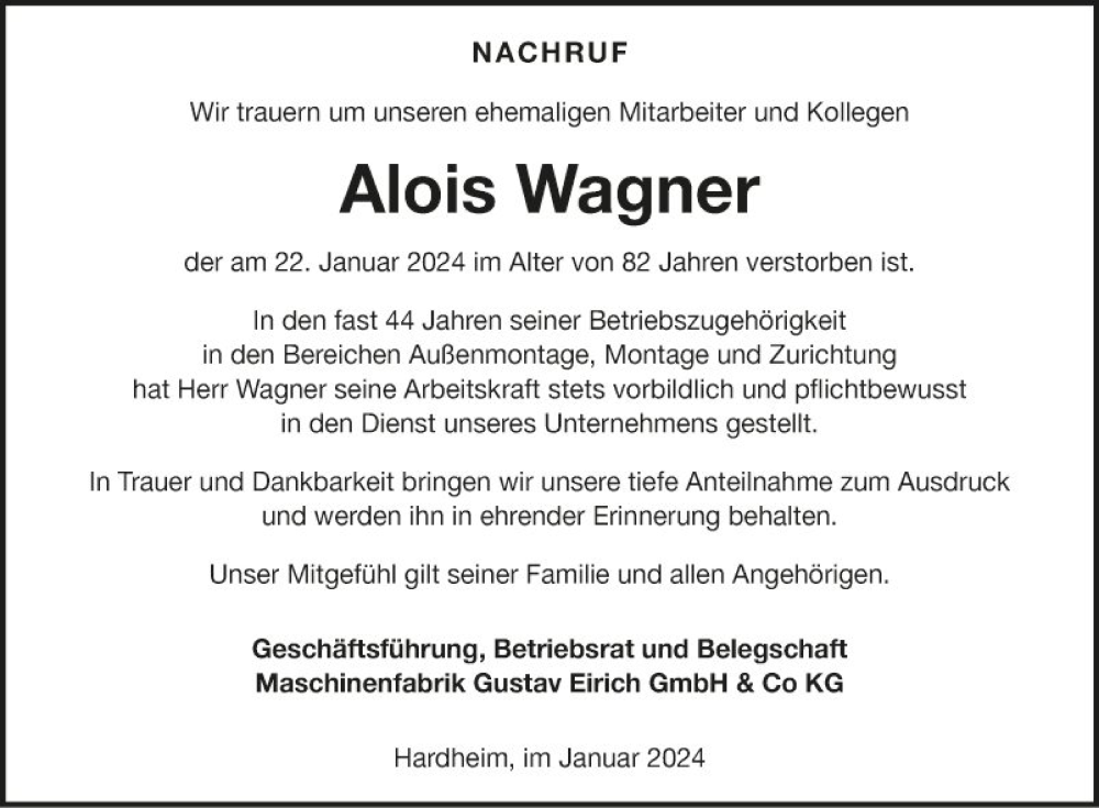  Traueranzeige für Alois Wagner vom 26.01.2024 aus Fränkische Nachrichten