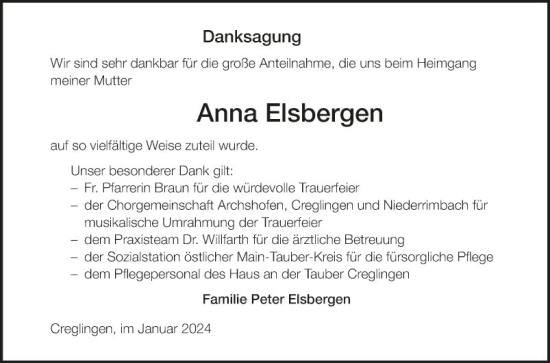 Traueranzeige von Anna Elsbergen von Fränkische Nachrichten