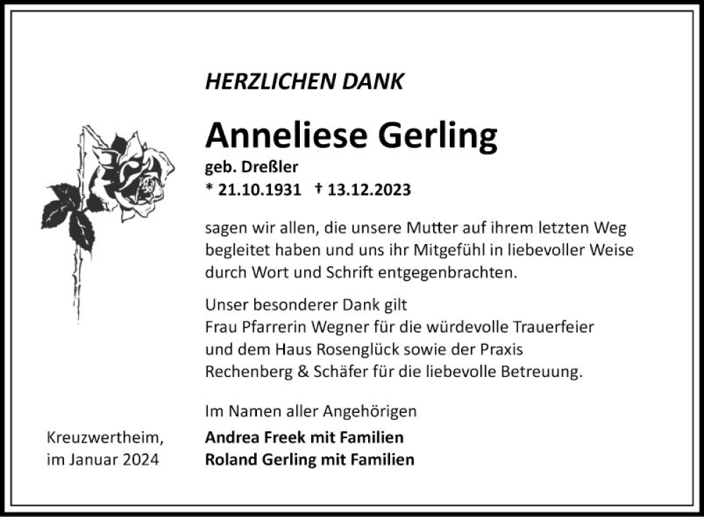  Traueranzeige für Anneliese Gerling vom 05.01.2024 aus Fränkische Nachrichten